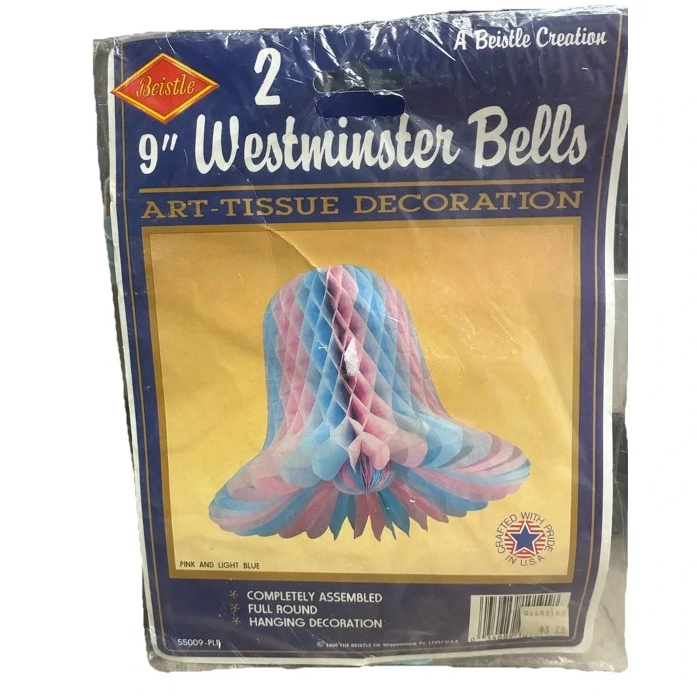 Beistle Westminster Bells (2) Honeycomb Pink Blue Baby Shower Reveal 80s Vtg NEW